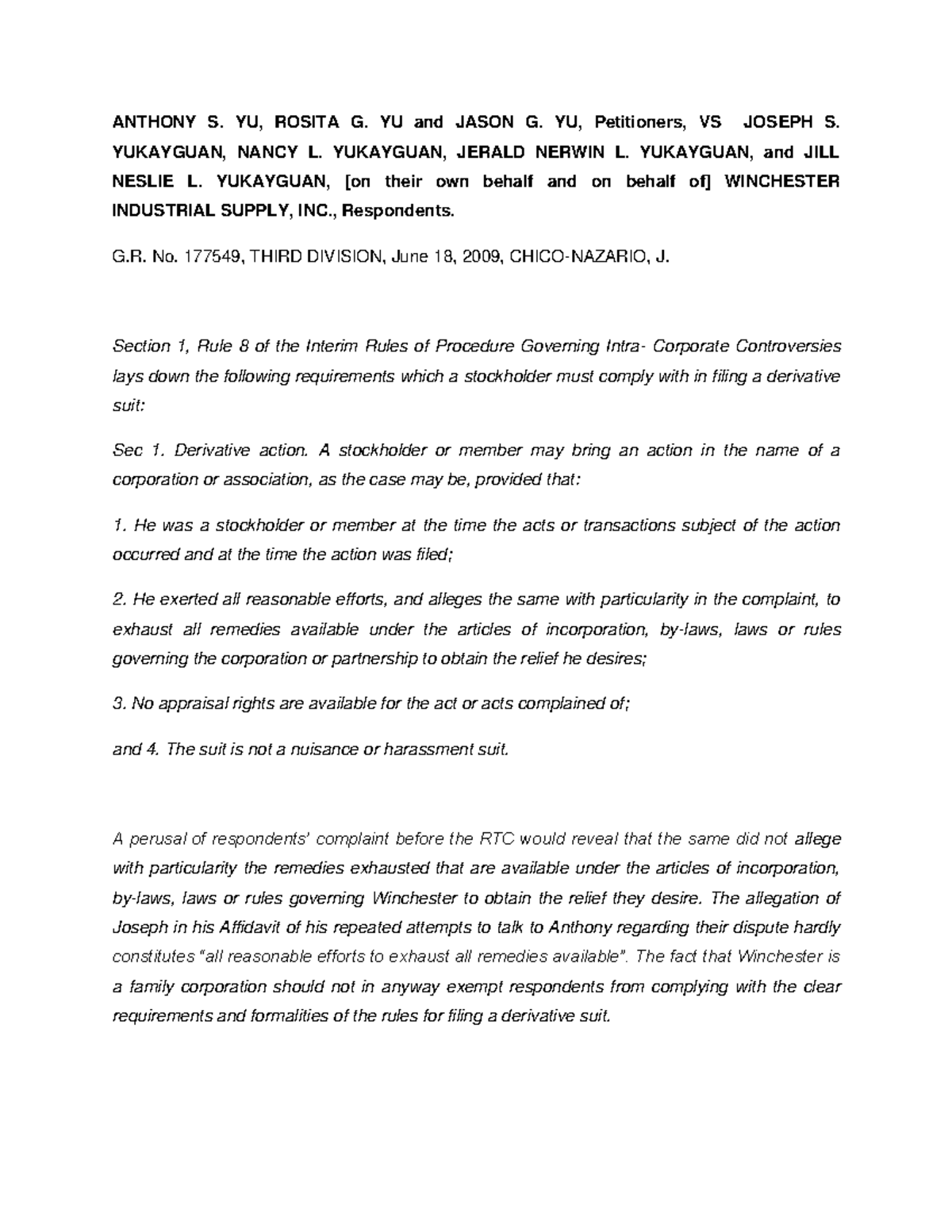 YU vs. YUKAYGUAN: Case Digest on Corporate Derivative Suit - Studocu