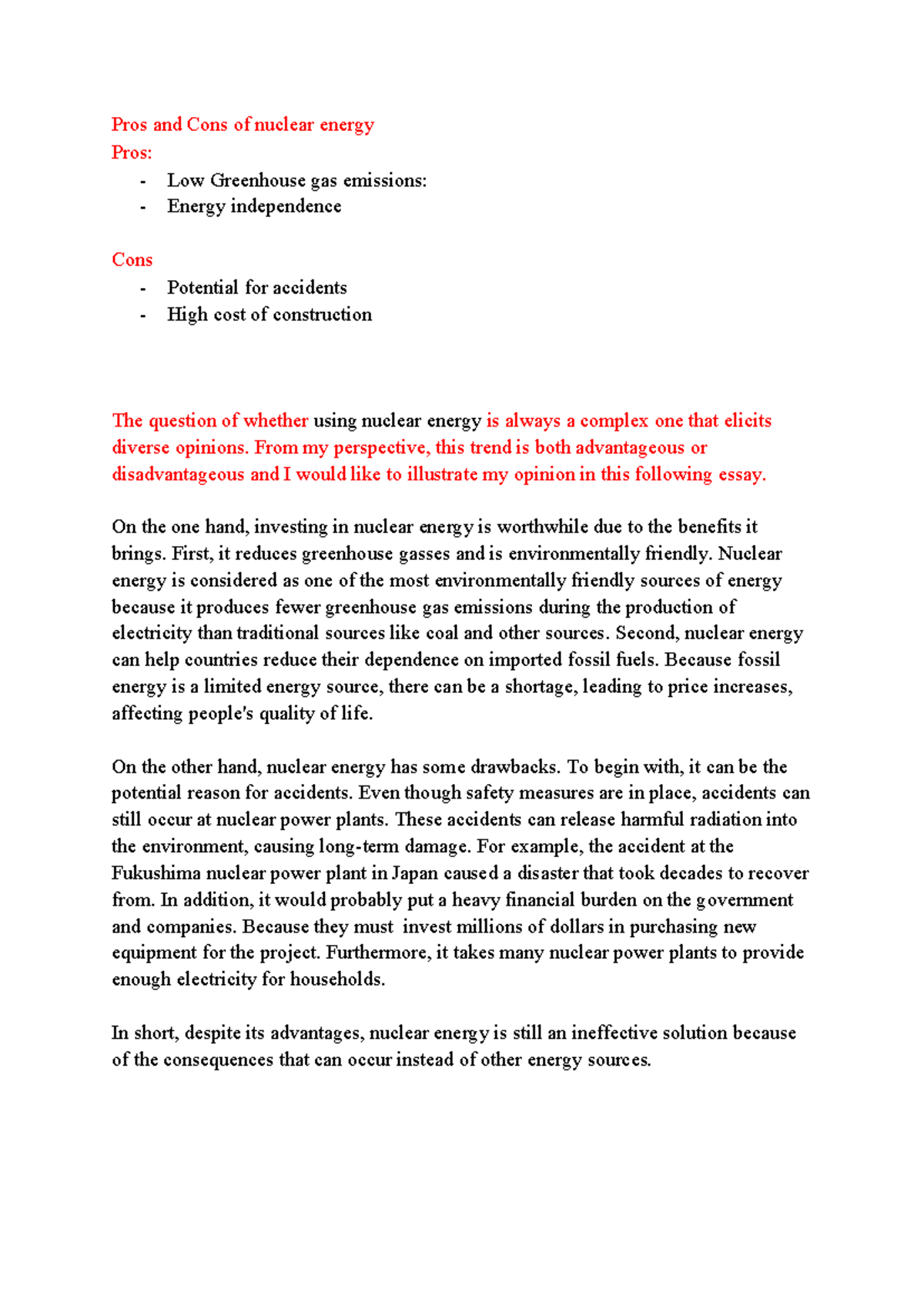 1. Essay Notes on the Pros and Cons of Nuclear Energy - Studocu