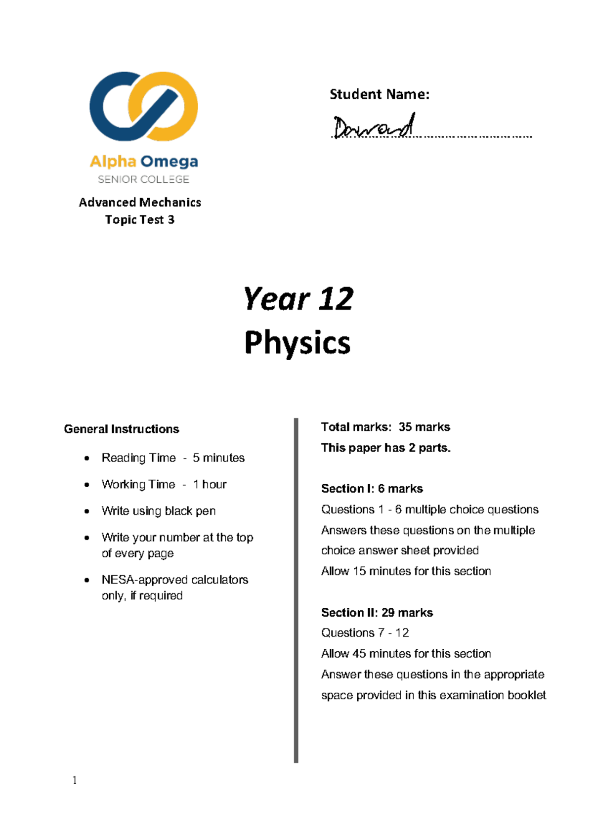 Advanced Mechanics Year 12 Topic Test 3 - Physics Exam - Studocu