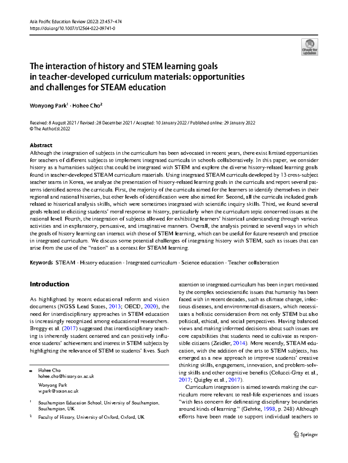 S12564 022 09741 0 - Summary of History and STEM Integration in STEAM ...