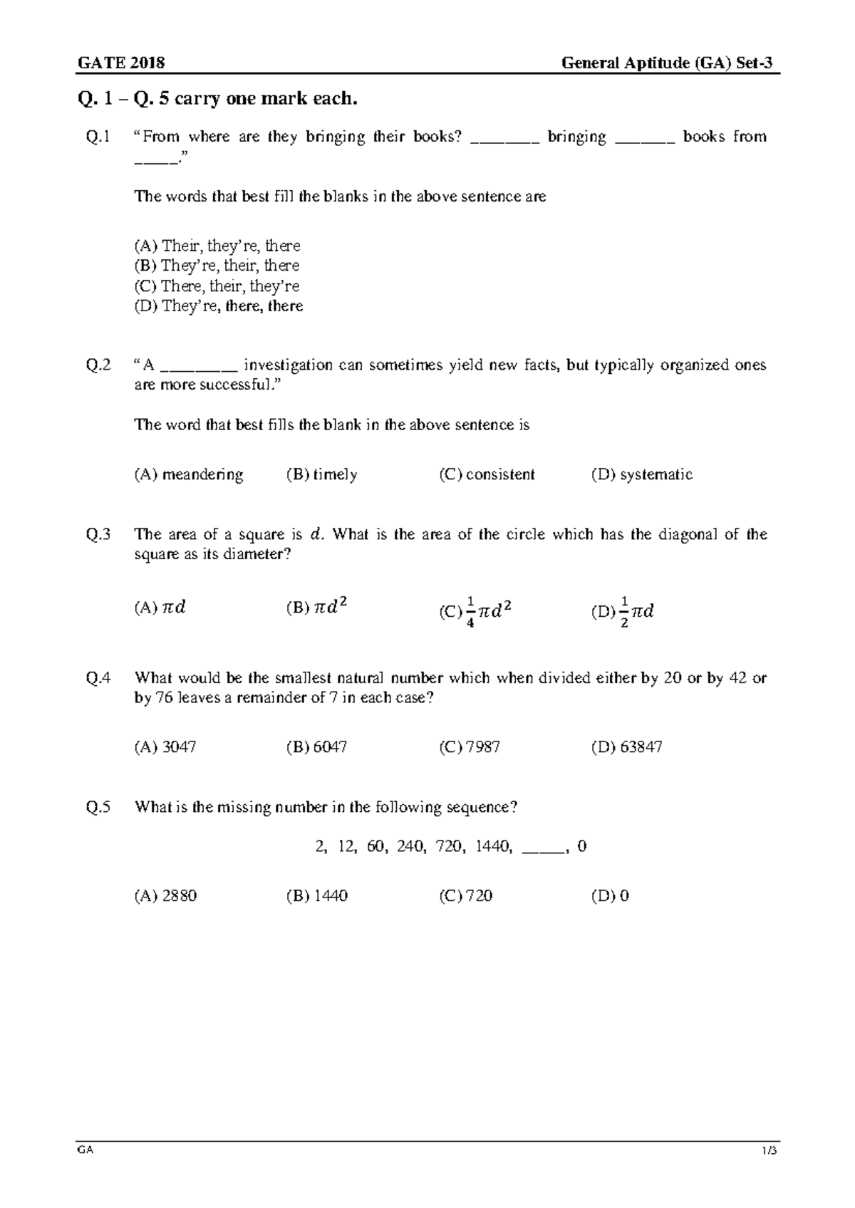 GATE 2018 General Aptitude (GA) Questions and Solutions - Studocu