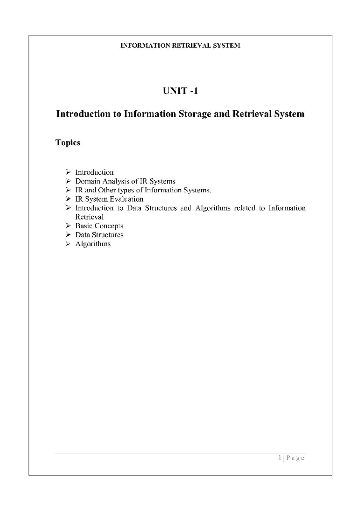 INFORMATION RETRIEVAL SYSTEM UNIT-1: Introduction to IR Systems and ...