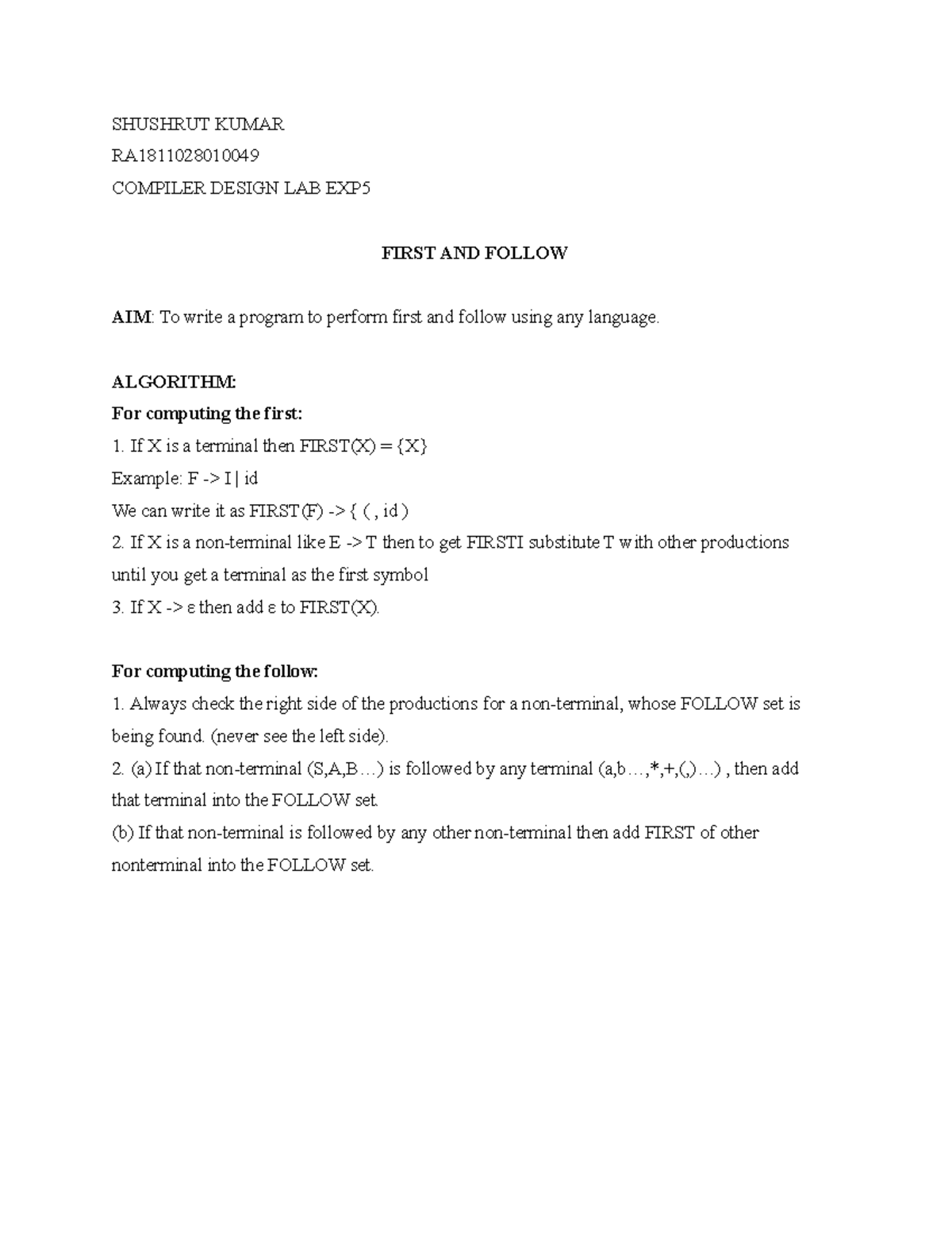 RA1811028010049 Compiler Design Lab: First and Follow Implementation ...