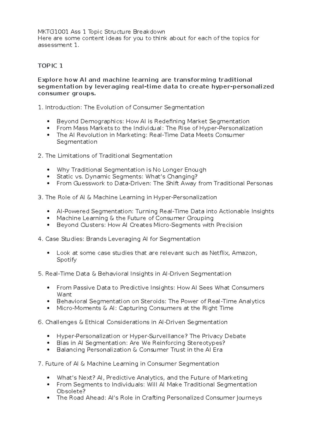Breakdown assessment 1 - MKTG1001 Ass 1 Topic Structure Breakdown Here ...