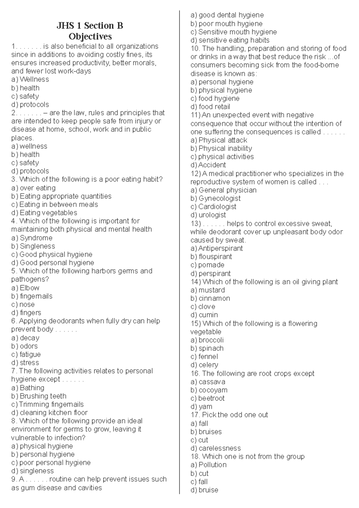 JHS 1 Exam: Catering for Human Health & Hygiene Essentials - Studocu
