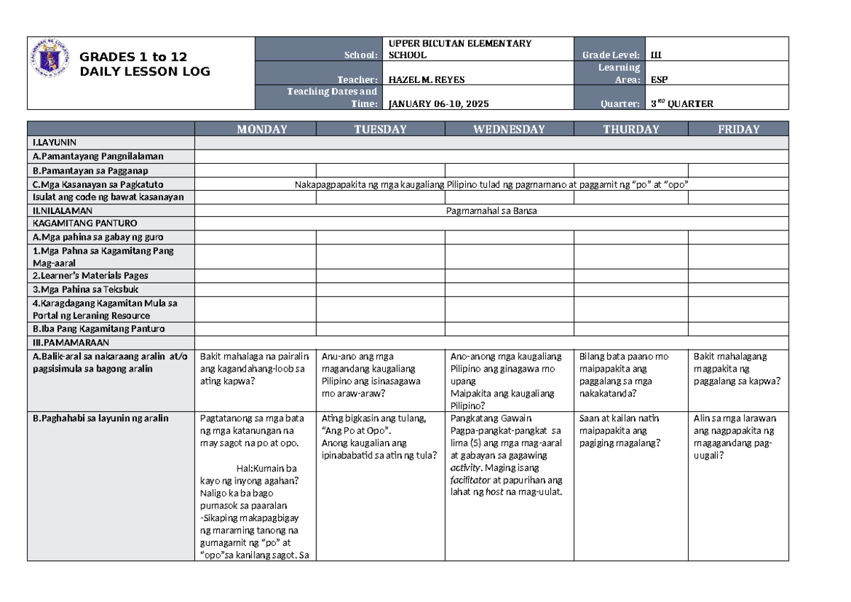 DLL ESP 3 Q3 W2 - Daily Lesson Log for Grade III - Studocu