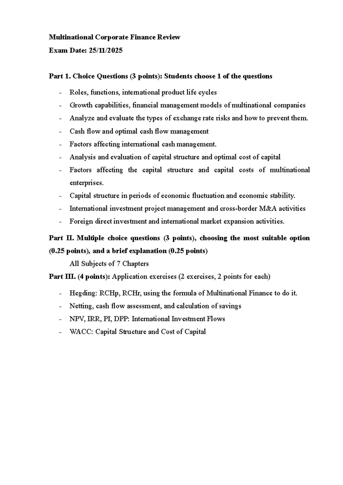Multinational Corporate Finance Review Exam (Part 1 & 2) - Studocu