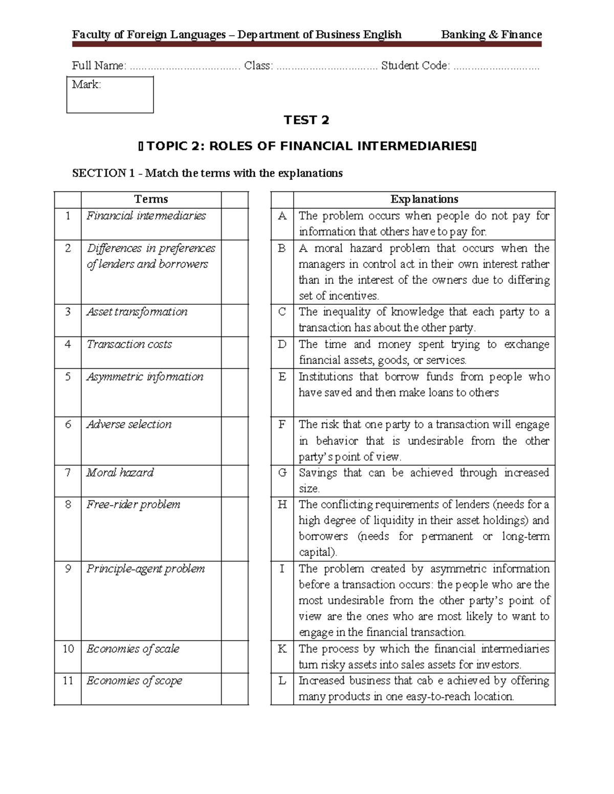 Banking Finance Test 2: Roles of Financial Intermediaries and Solutions ...