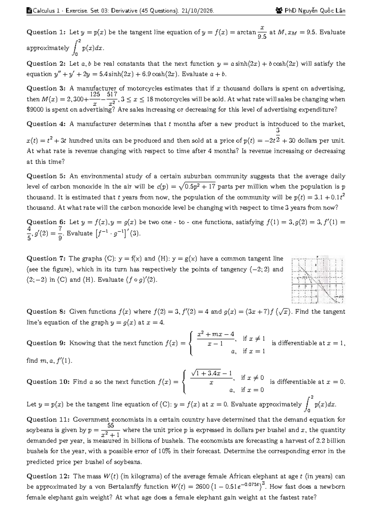 Calculus 1 Exercise Set 03: Derivatives (45 Questions) - 04M - Studocu