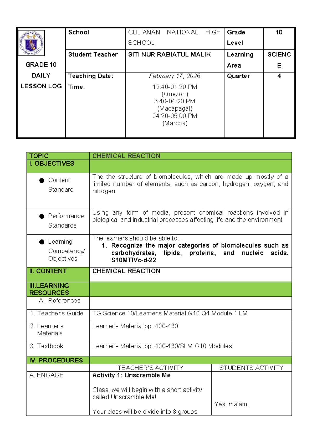 Grade 10 Science Lesson Log: Chemical Reactions & Biomolecules - Studocu