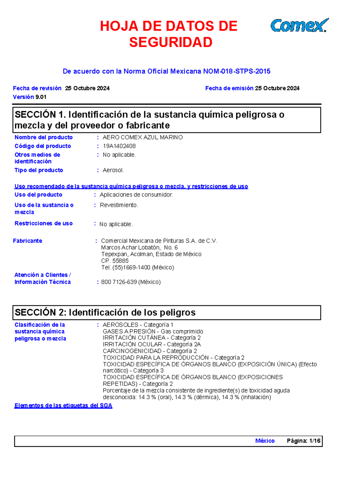 Hoja de Datos de Seguridad: AERO COMEX AZUL MARINO (19A1402408) - Document Preview