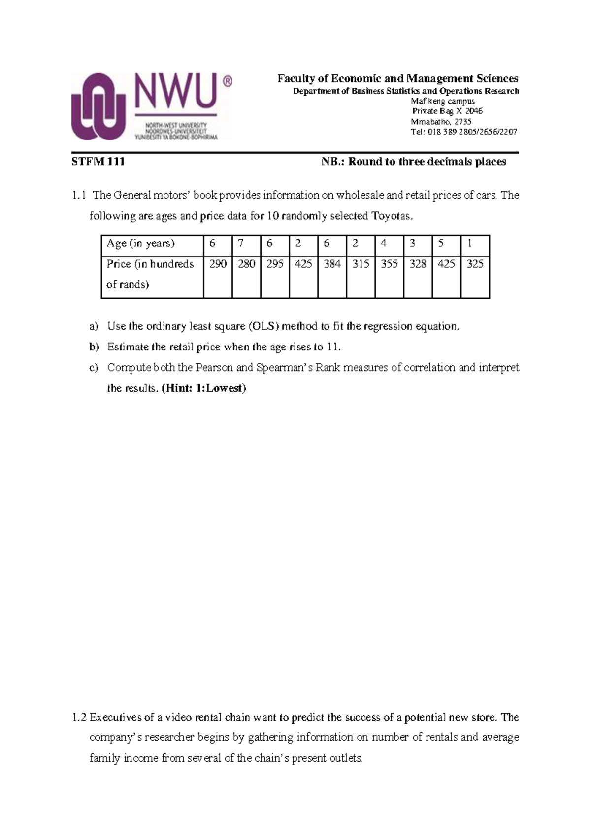 Exercise 3 - Business Statistics OLS Regression & Correlation Notes ...