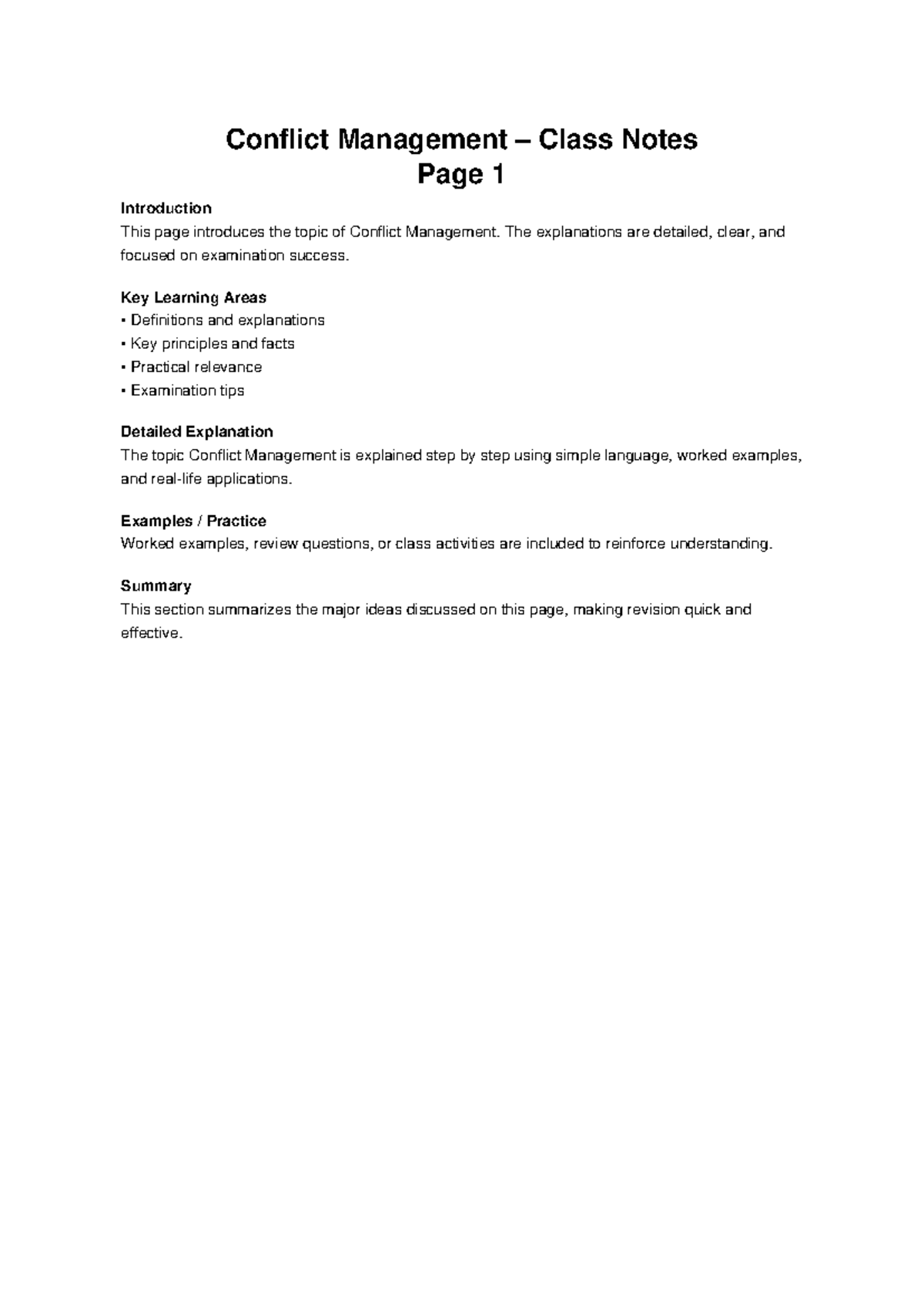 Conflict Management Class Notes: Key Concepts & Exam Tips - Studocu