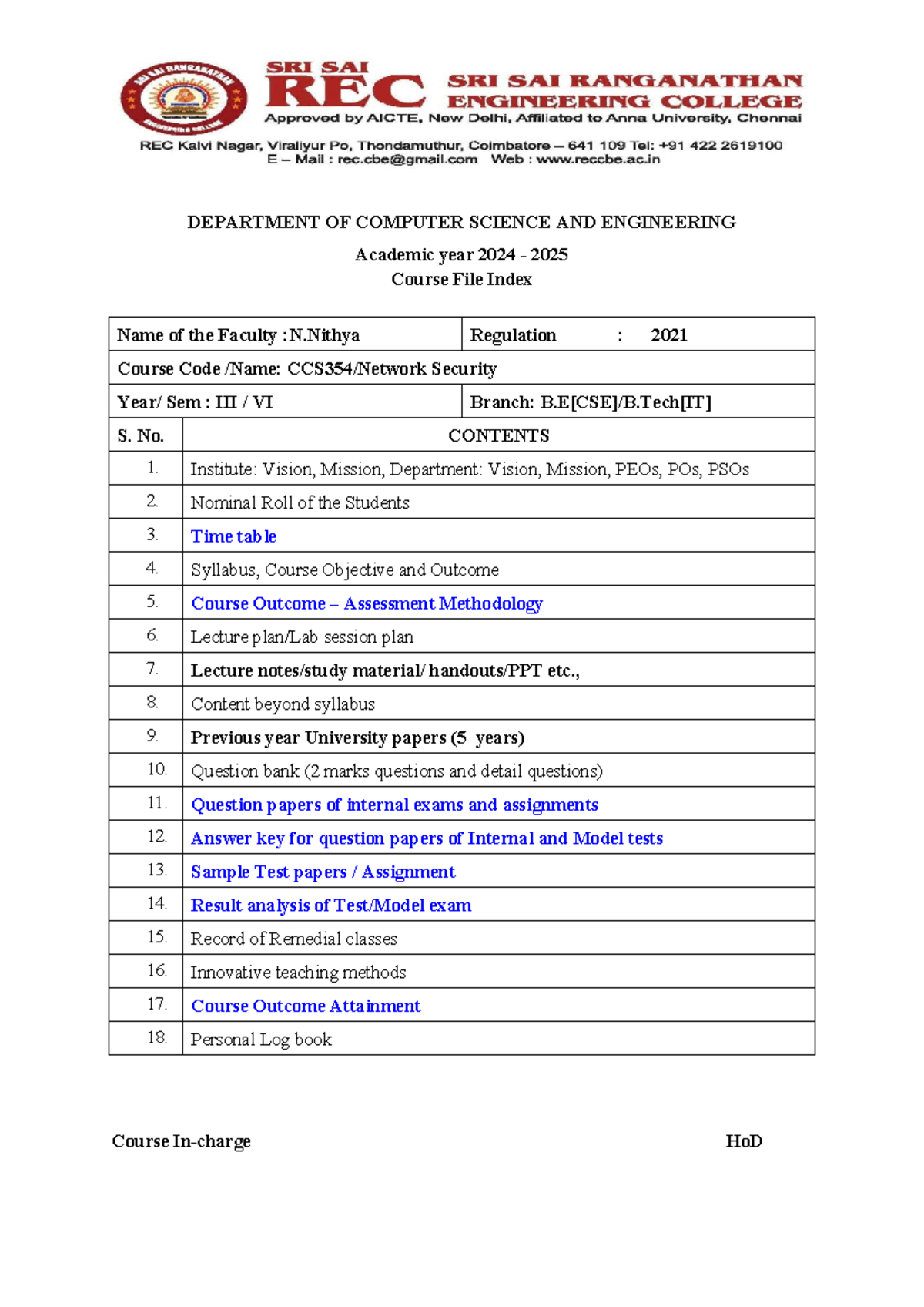 CSE VI Sem Network Security Course File Index 2024-2025 - Studocu