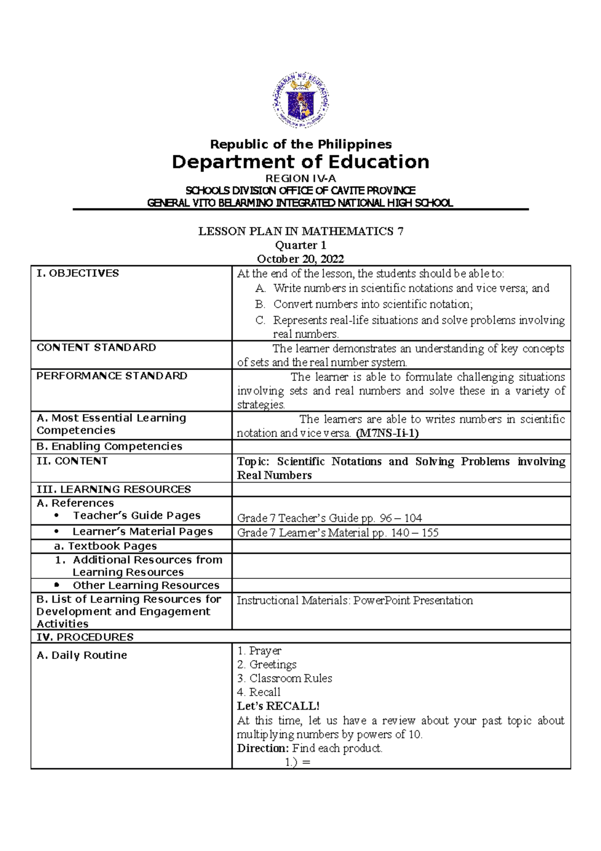 Mathematics 7 Lesson Plan: Understanding Scientific Notation - Studocu