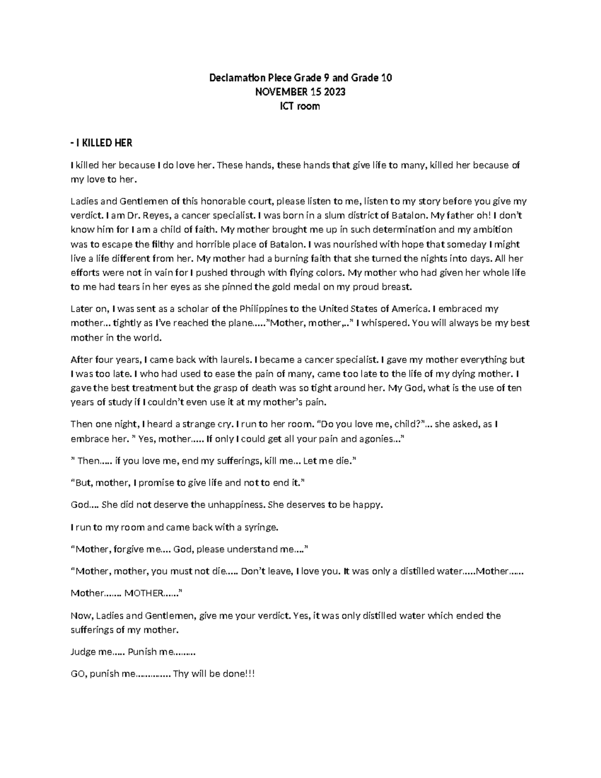 Grade 9 & 10 Declamation Piece: I Killed Her - A Heartfelt Monologue ...