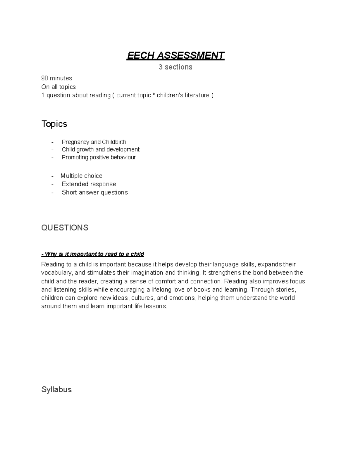 EECH 3 End of Year Assessment: Pregnancy, Child Growth & Behaviour ...