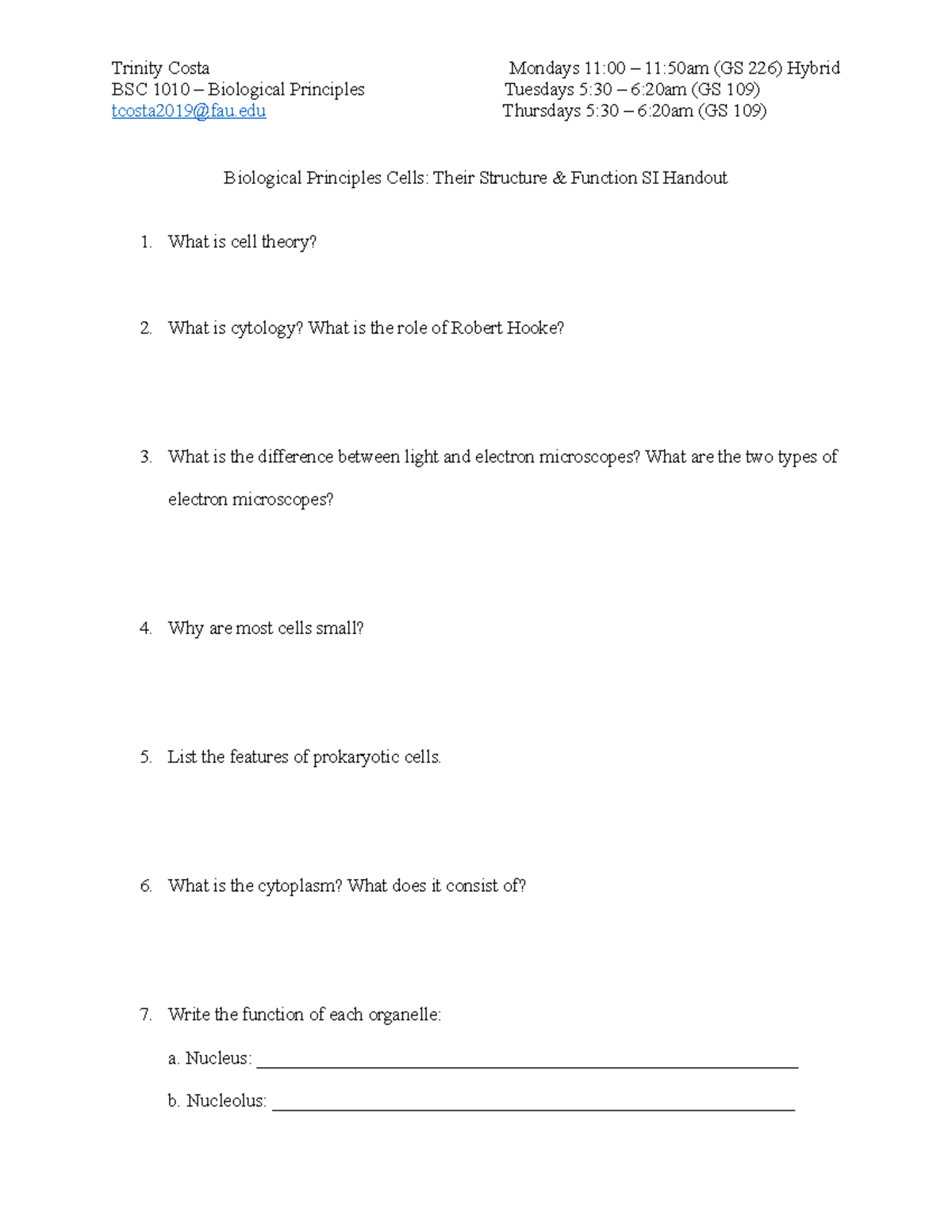 Biological Principles Cells - Their Structure and Function SI Handout ...
