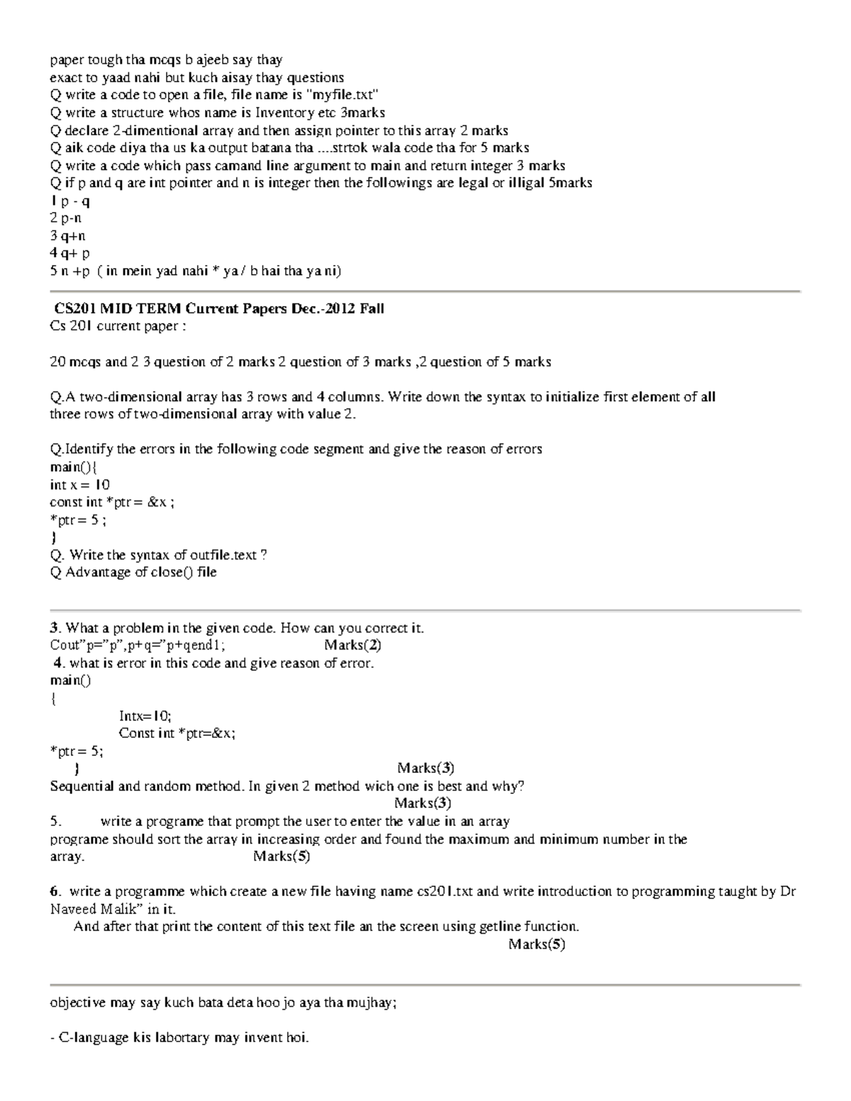 CS201 Midterm Exam Questions: Key Topics and Sample MCQs - Studocu