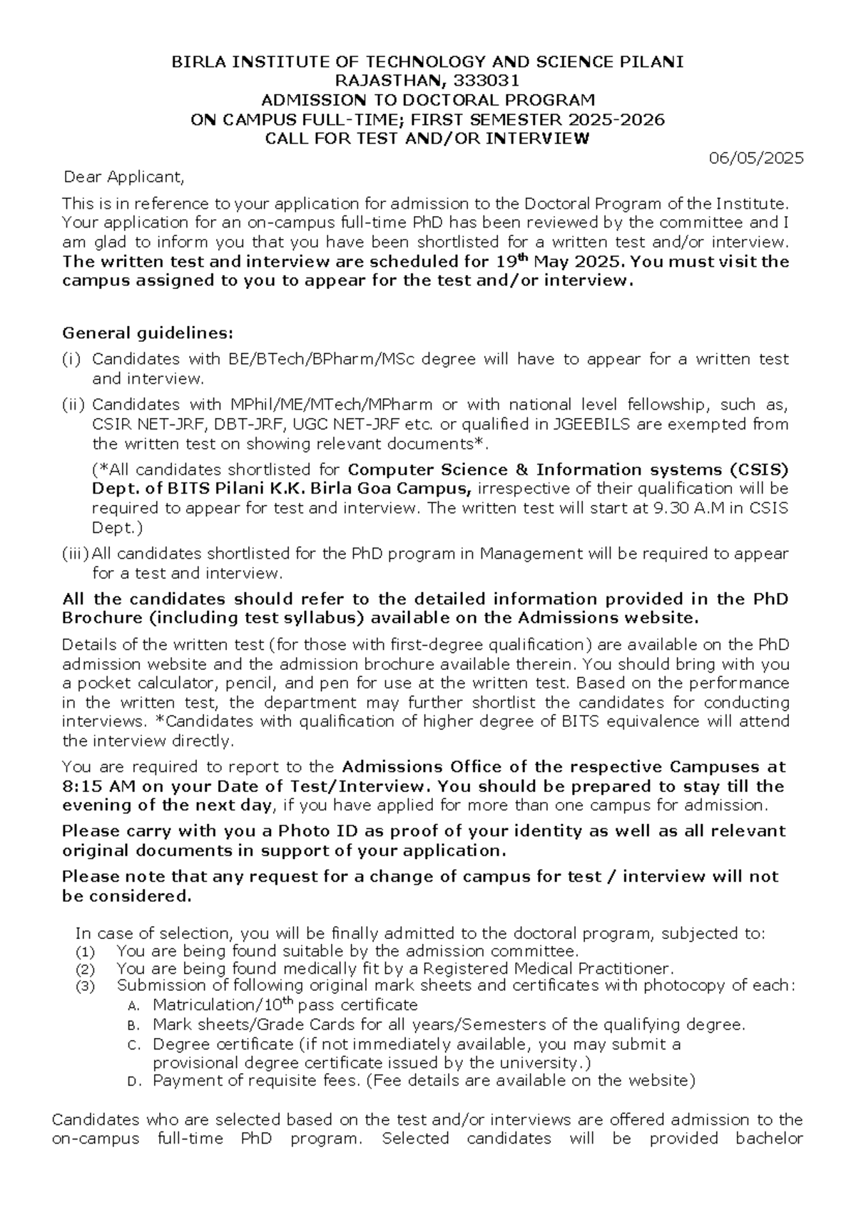 BITS Pilani PhD Admission Test & Interview Guidelines for 2025-26 - Studocu