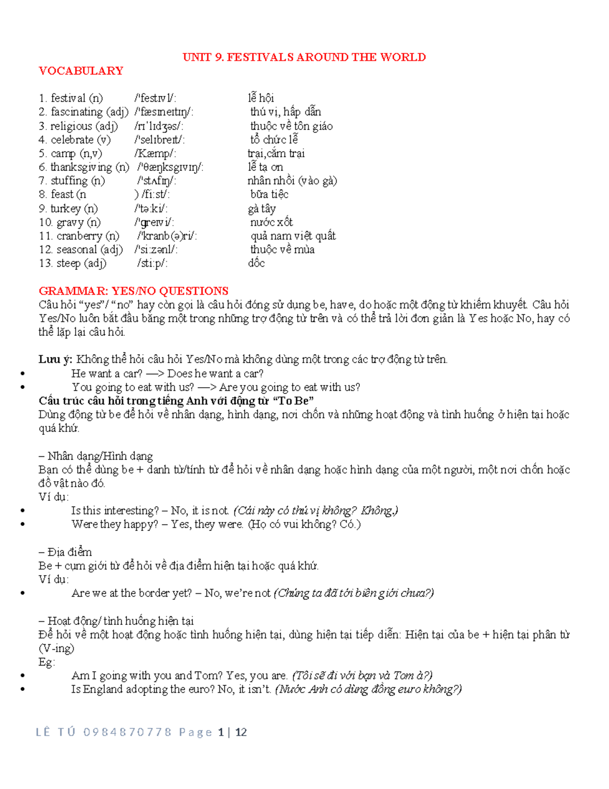 UNIT 9: FESTIVALS AROUND THE WORLD - VOCABULARY & GRAMMAR EXERCISES ...
