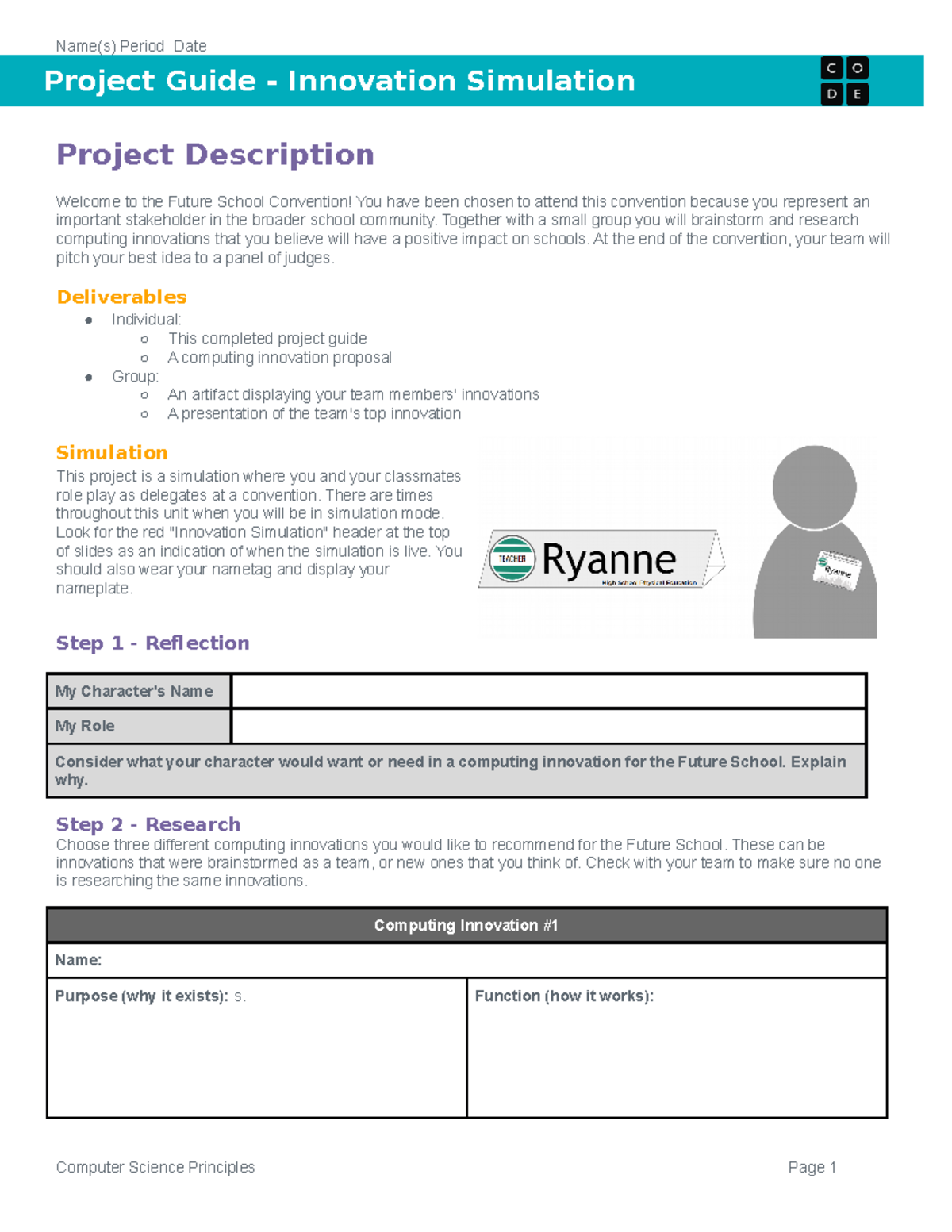 CSP A 22-23 Computing Innovation Brainstorm Guide and Activity - Name(s ...
