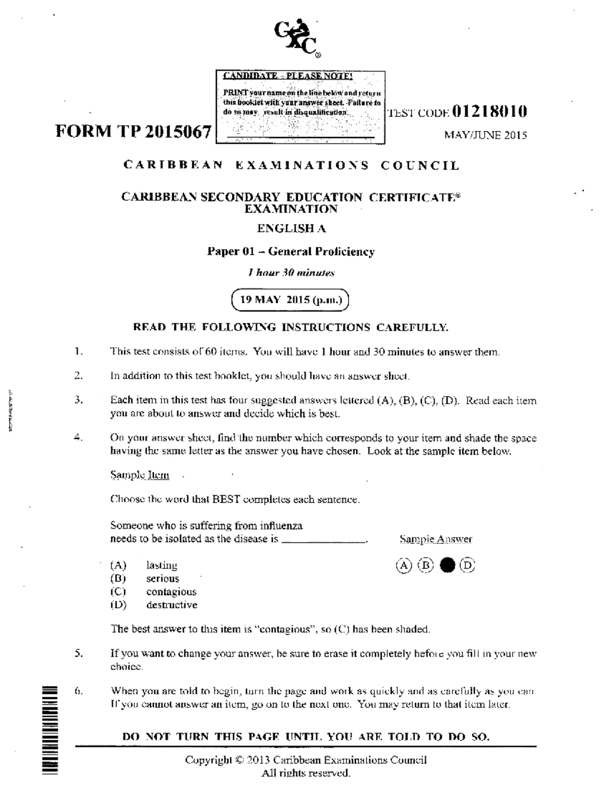 CSEC ENG A Paper 01 General Proficiency Exam Instructions - Jan 2015 ...