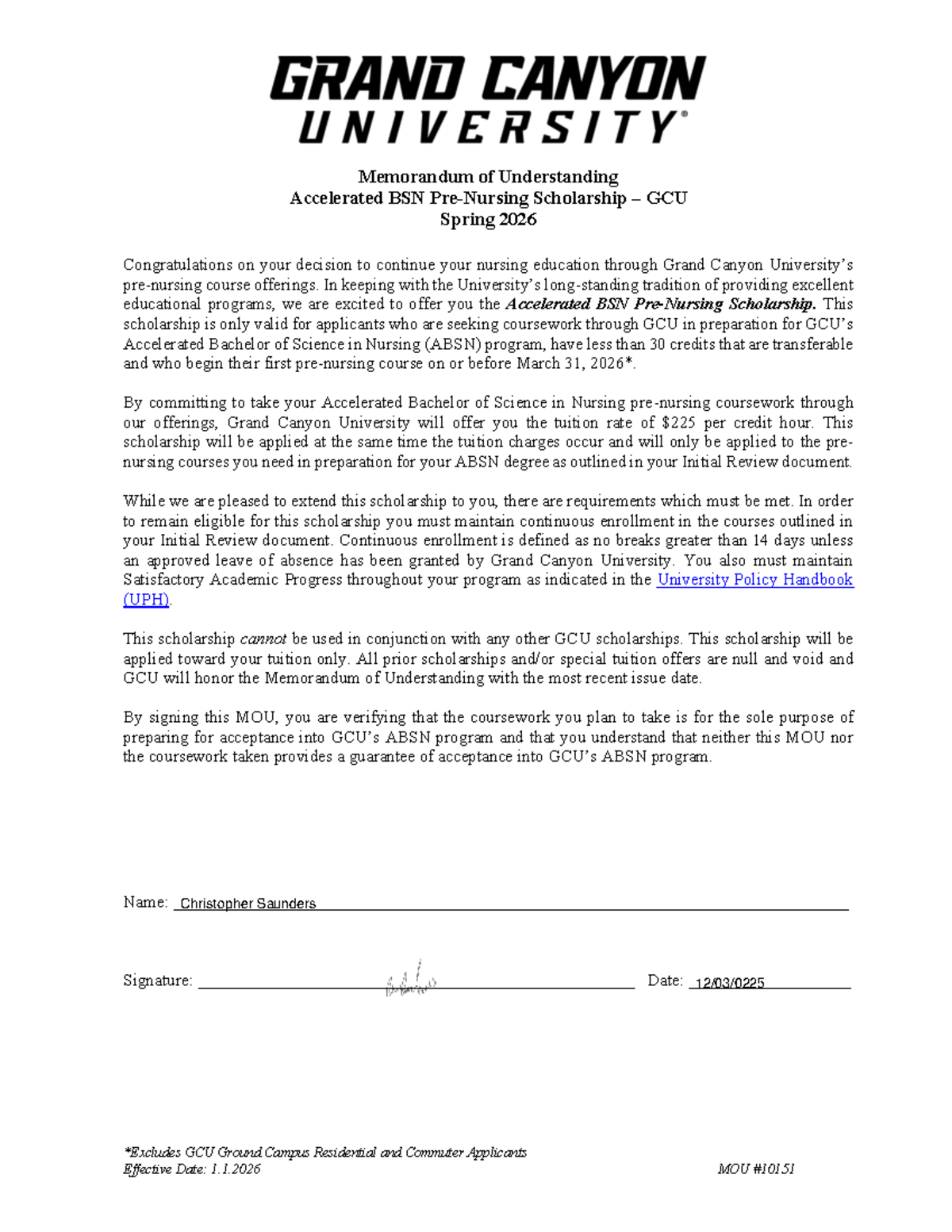 ABSN Pre-Nursing Scholarship MOU - GCU Spring 2026 - Studocu