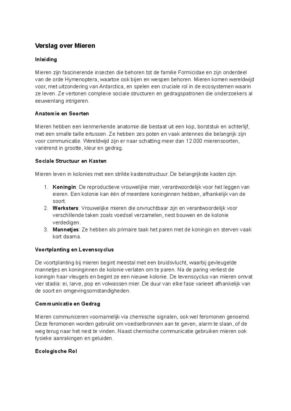 Verslag over Mieren: Anatomie, Sociale Structuur en Gedrag - Studeersnel