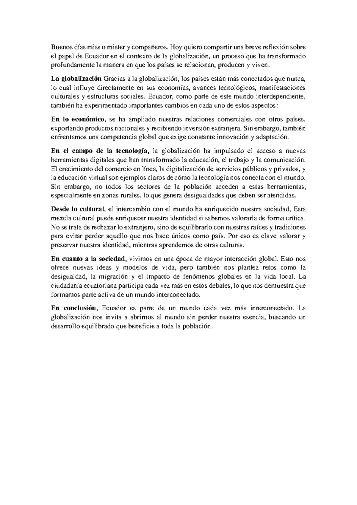 Reflexión sobre el Papel de Ecuador en la Globalización - Curso 2023 ...