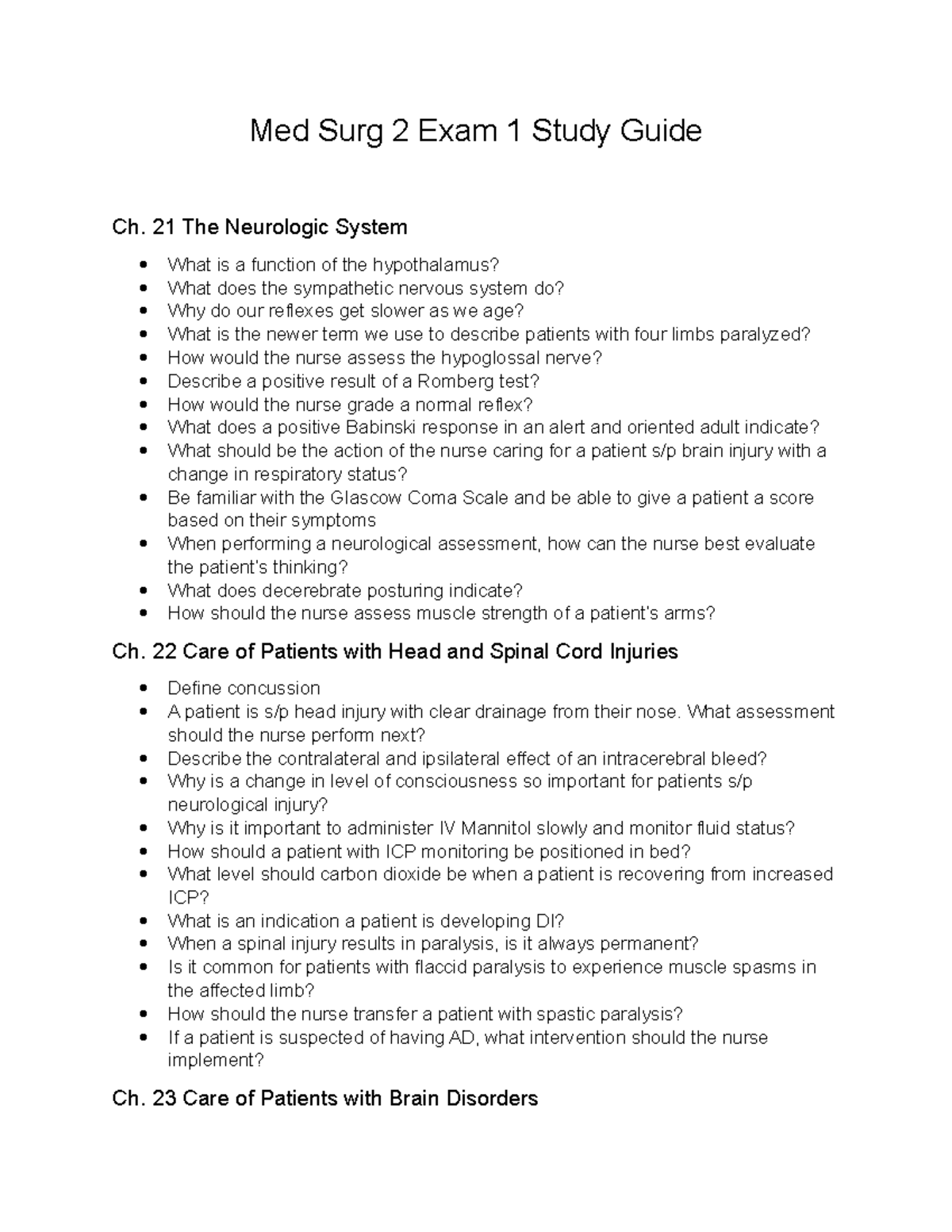 MS2 Nursing Med Surg 2 Exam 1 Study Guide Outline - Studocu