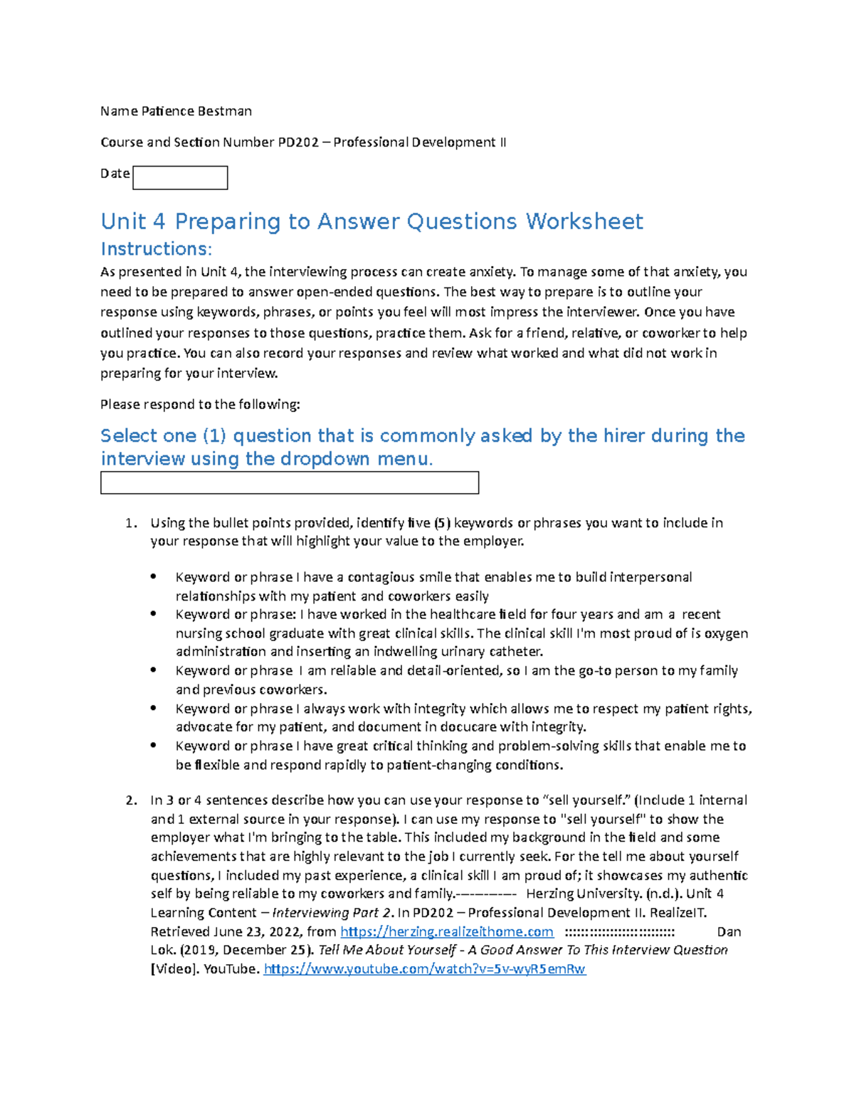 PD202 Unit 4 Interview Preparation: Answering Common Questions - Studocu