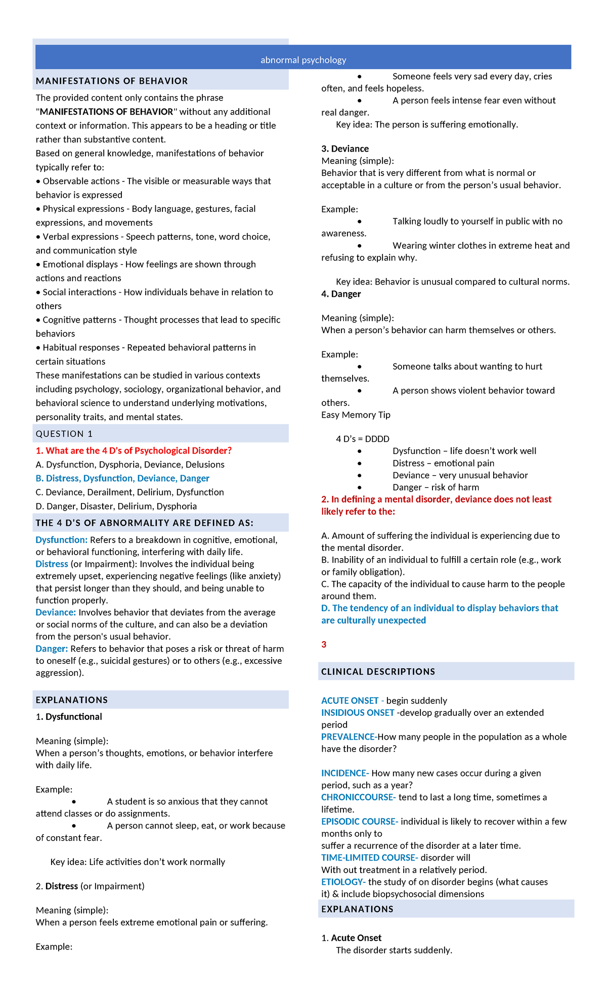 Abnormal Psychology (PSY 101) - Key Concepts and Disorders Overview ...