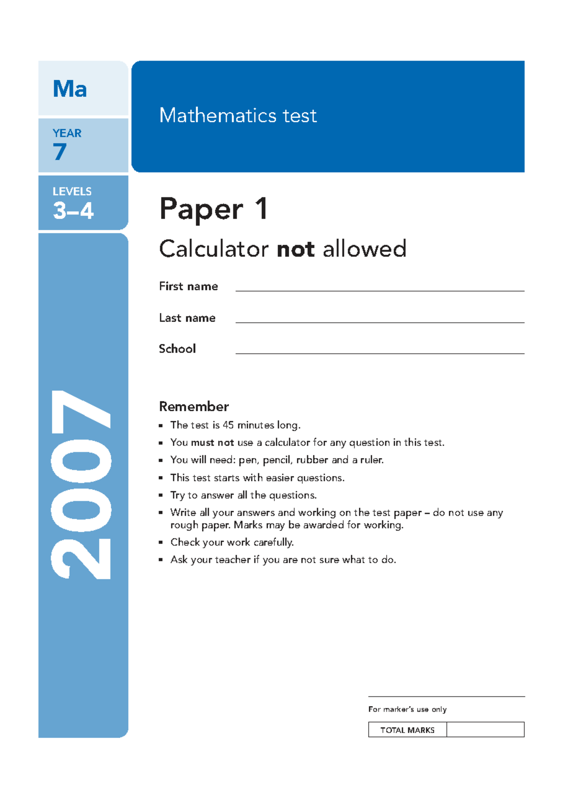 Y7P Ma 275687 - Year 7 Mathematics Test Paper 1 (2007) - Studocu