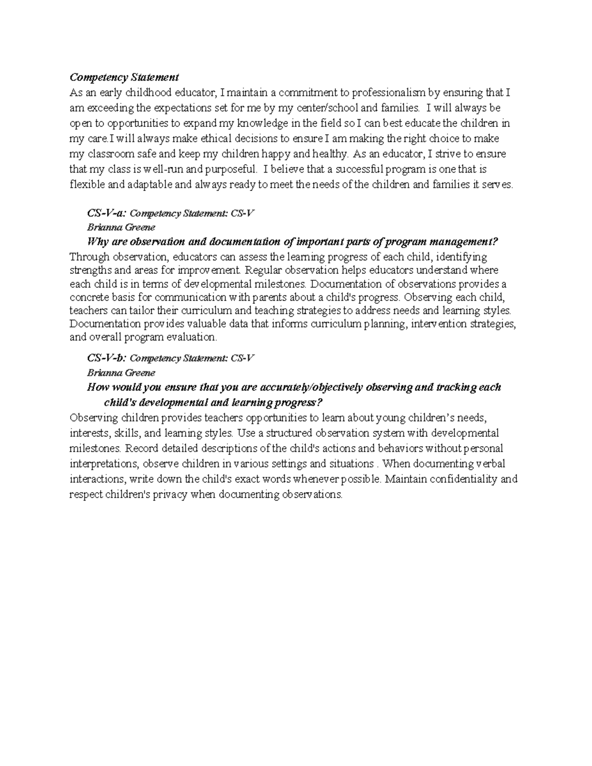Competency Statement - n/a - Competency Statement As an early childhood ...