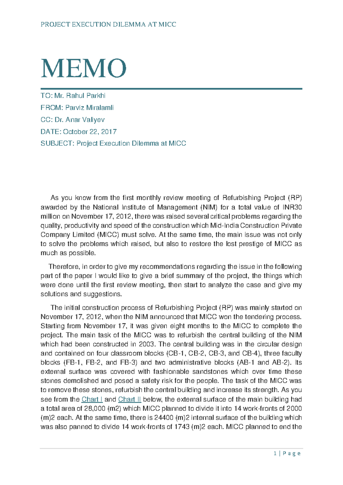 CASE Study Project Execution Dilemma AT - MEMO TO: Mr. Rahul Parkhi ...