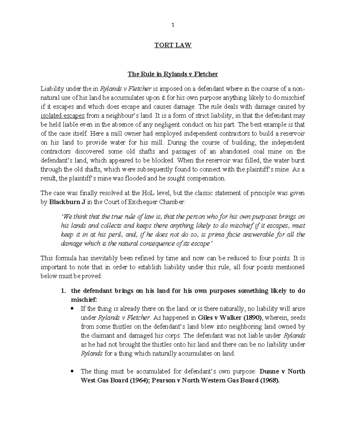 TORT LAW: Analyzing the Rule in Rylands v Fletcher Liability - Studocu