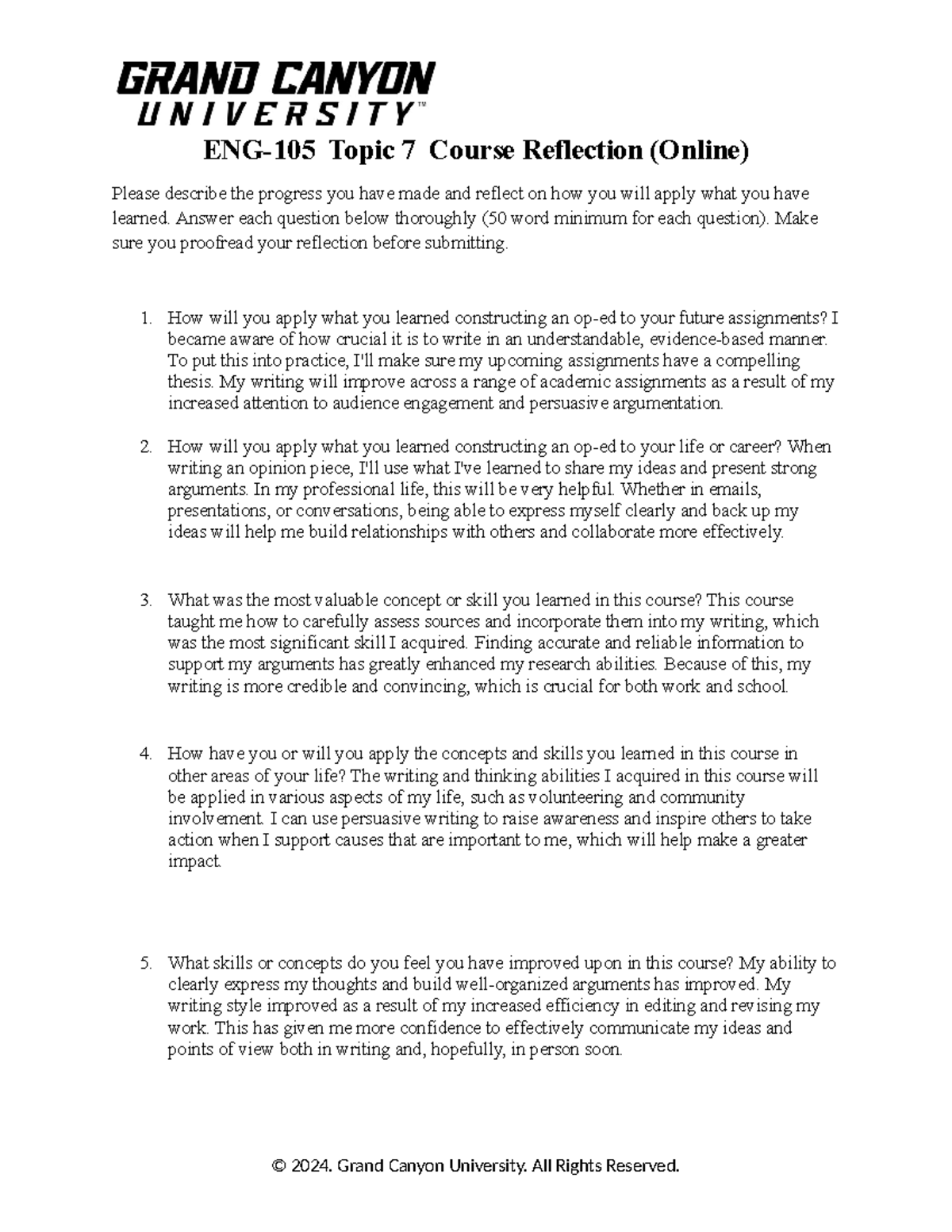 ENG-105ONL-T7-Reflecting on Course Progress and Application - Studocu