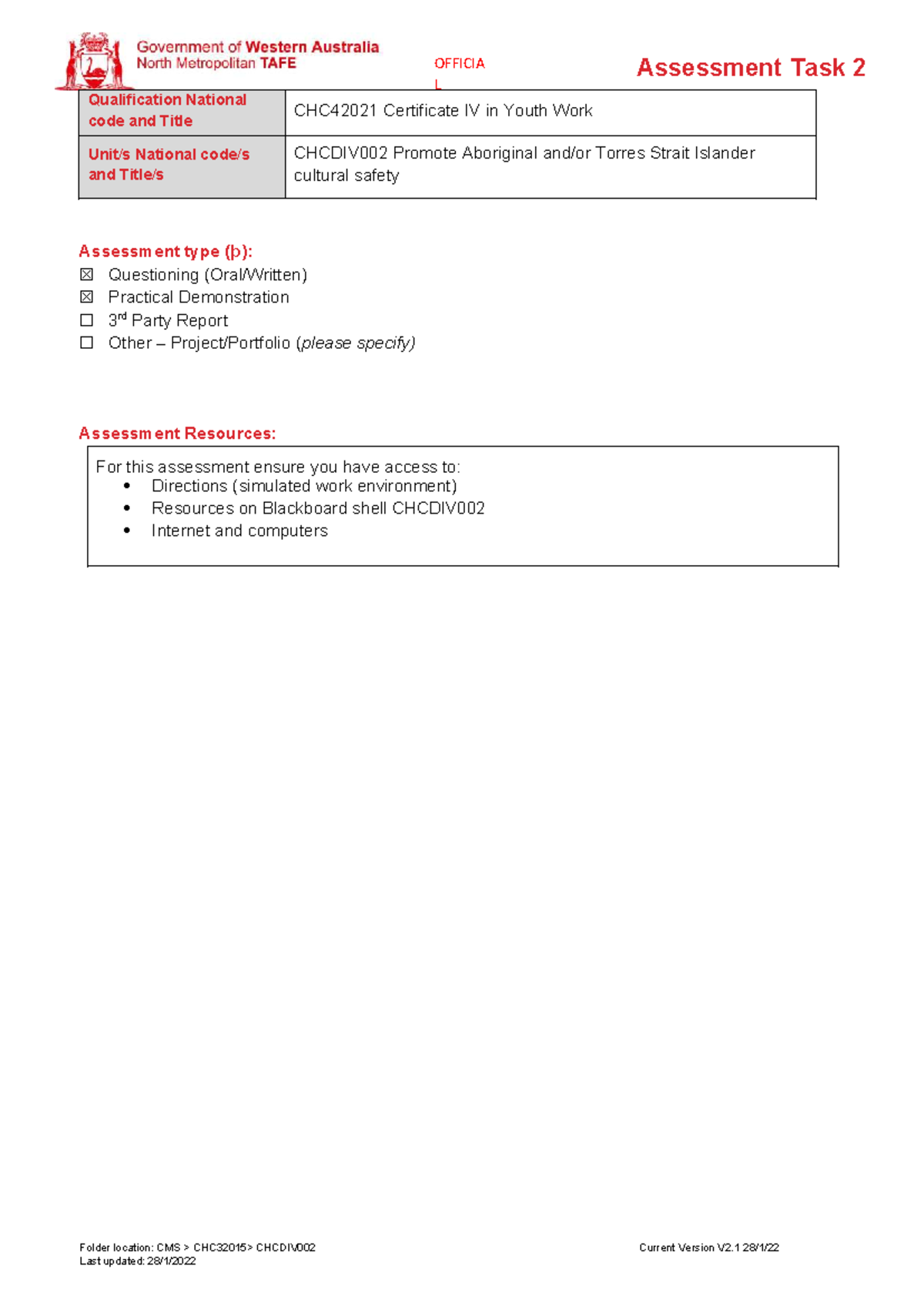 CHCDIV002 Assessment Task 2: Promoting Cultural Safety in Youth Work ...