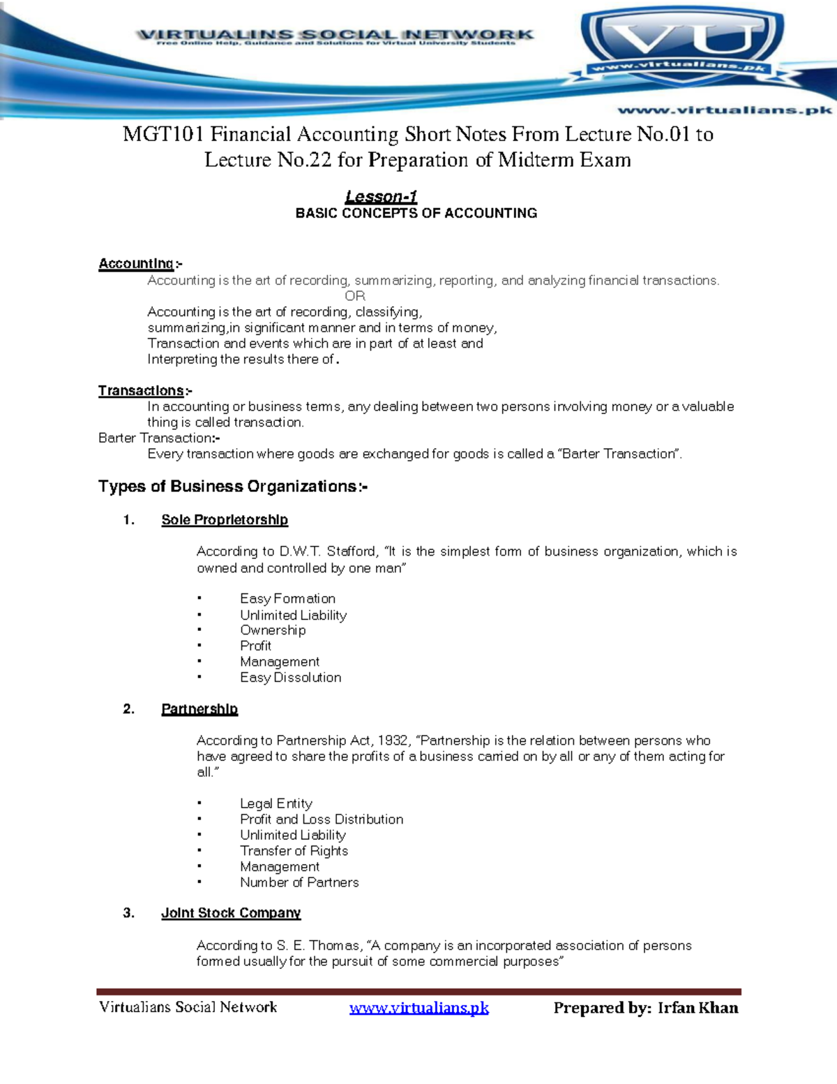 MGT101 Midterm Exam Short Notes on Financial Accounting Concepts - Studocu
