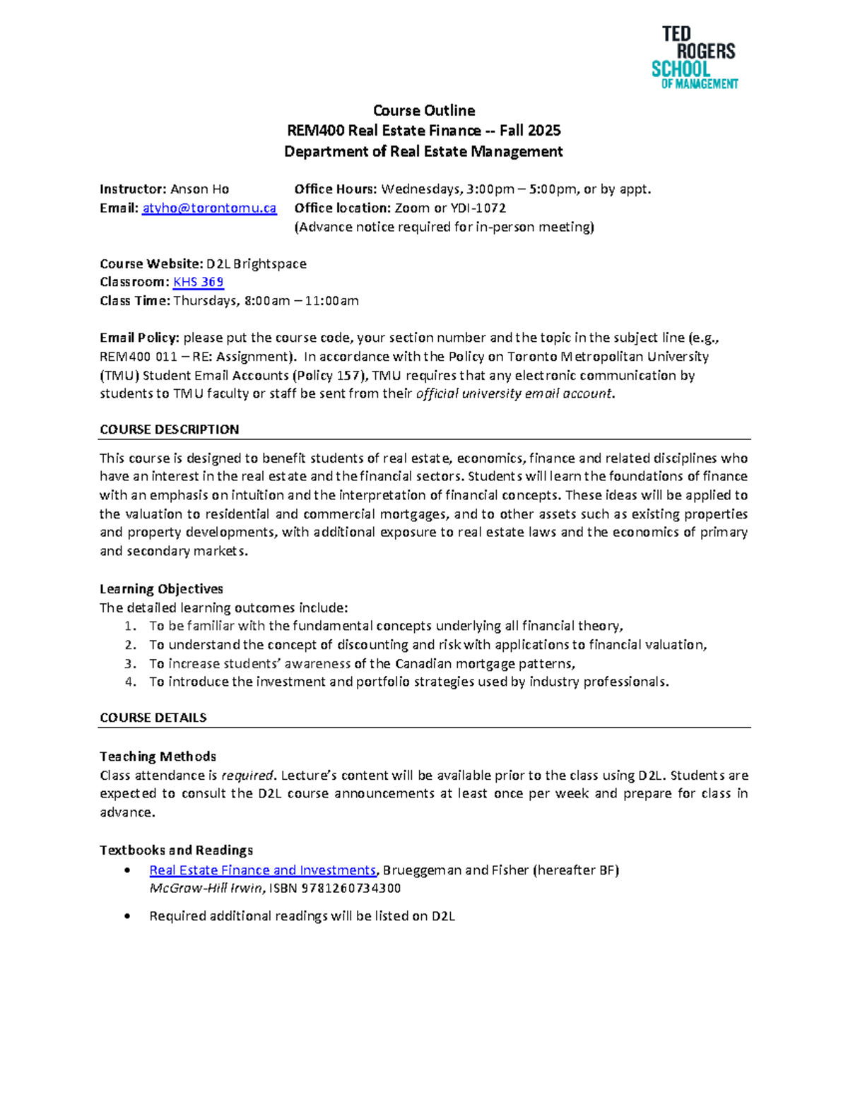 F25 REM400 Real Estate Finance Course Outline - Fall 2025 - Studocu