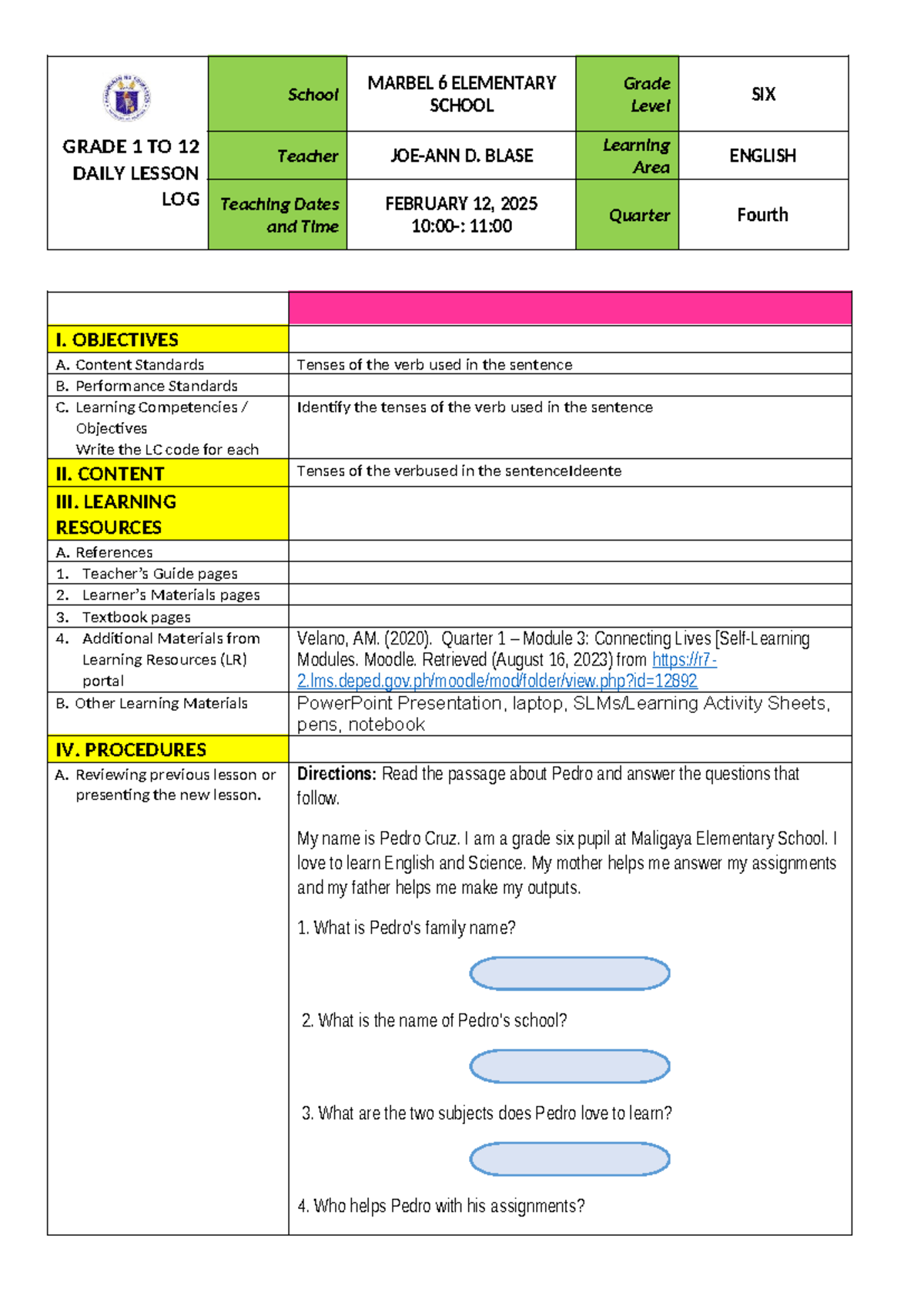 Grade 6 English Daily Lesson Log: Tenses of Verbs (LP-Verb) - Studocu
