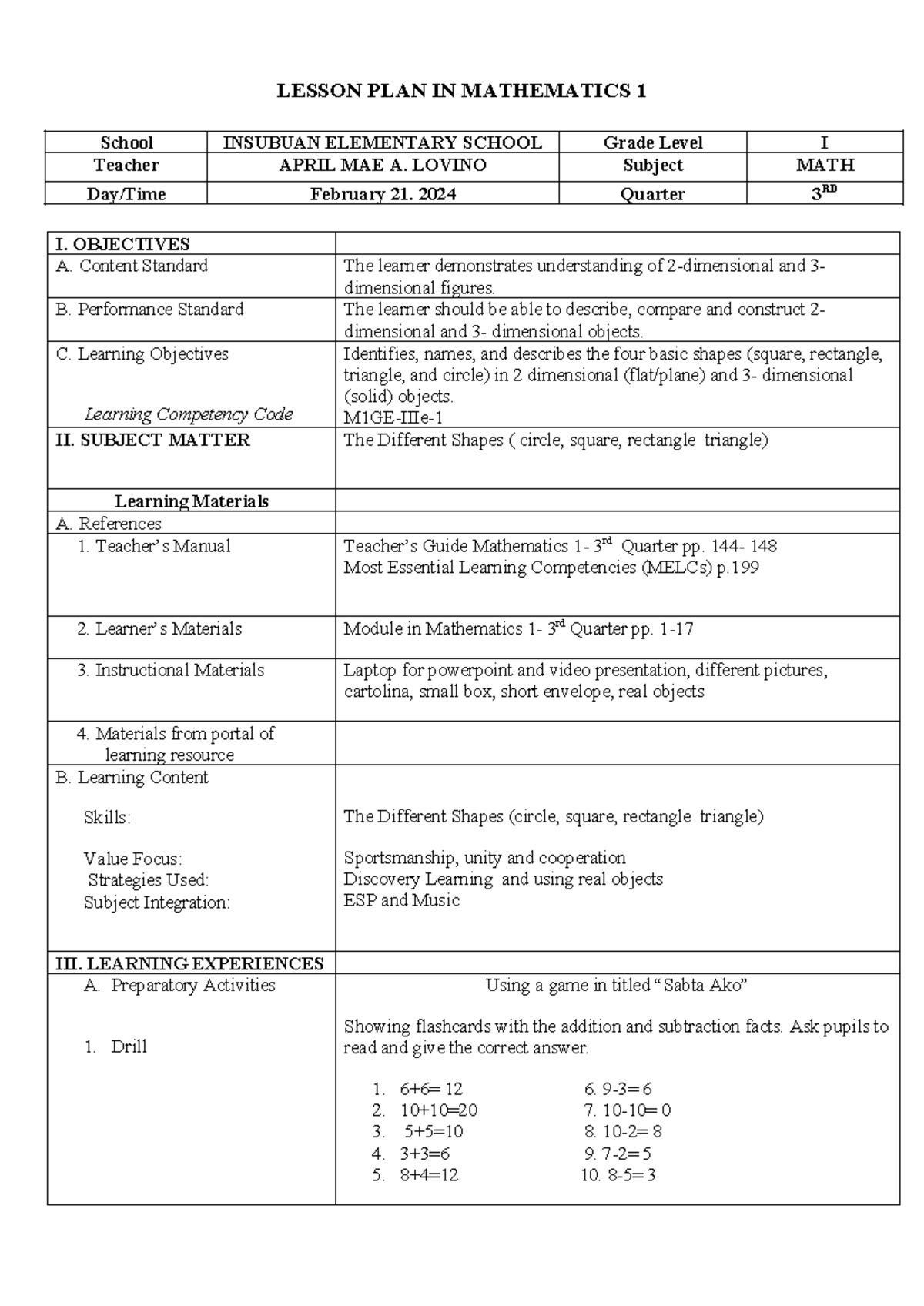 April LP- 3RD Quarter - Lesson plan about the different shapes - LESSON ...