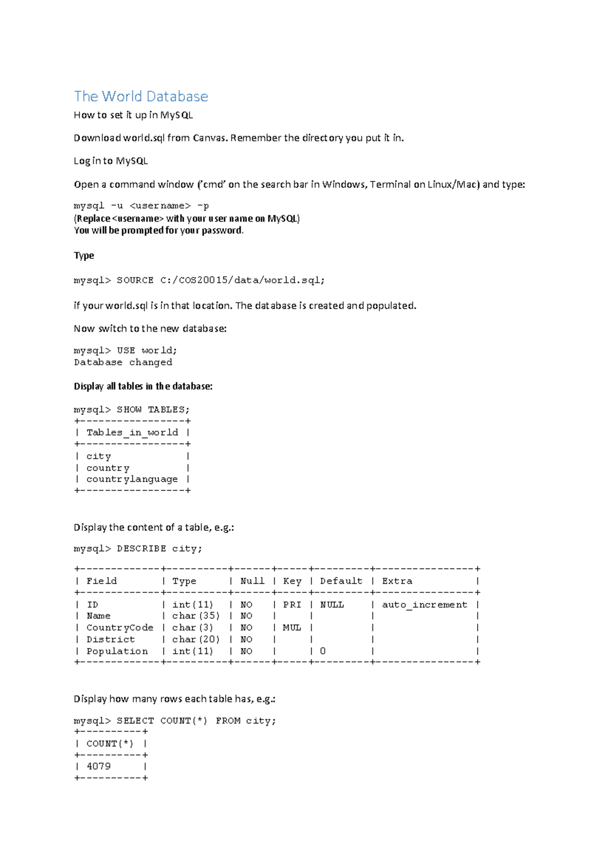 Setting Up the World Database in MySQL (COS20015) - Studocu