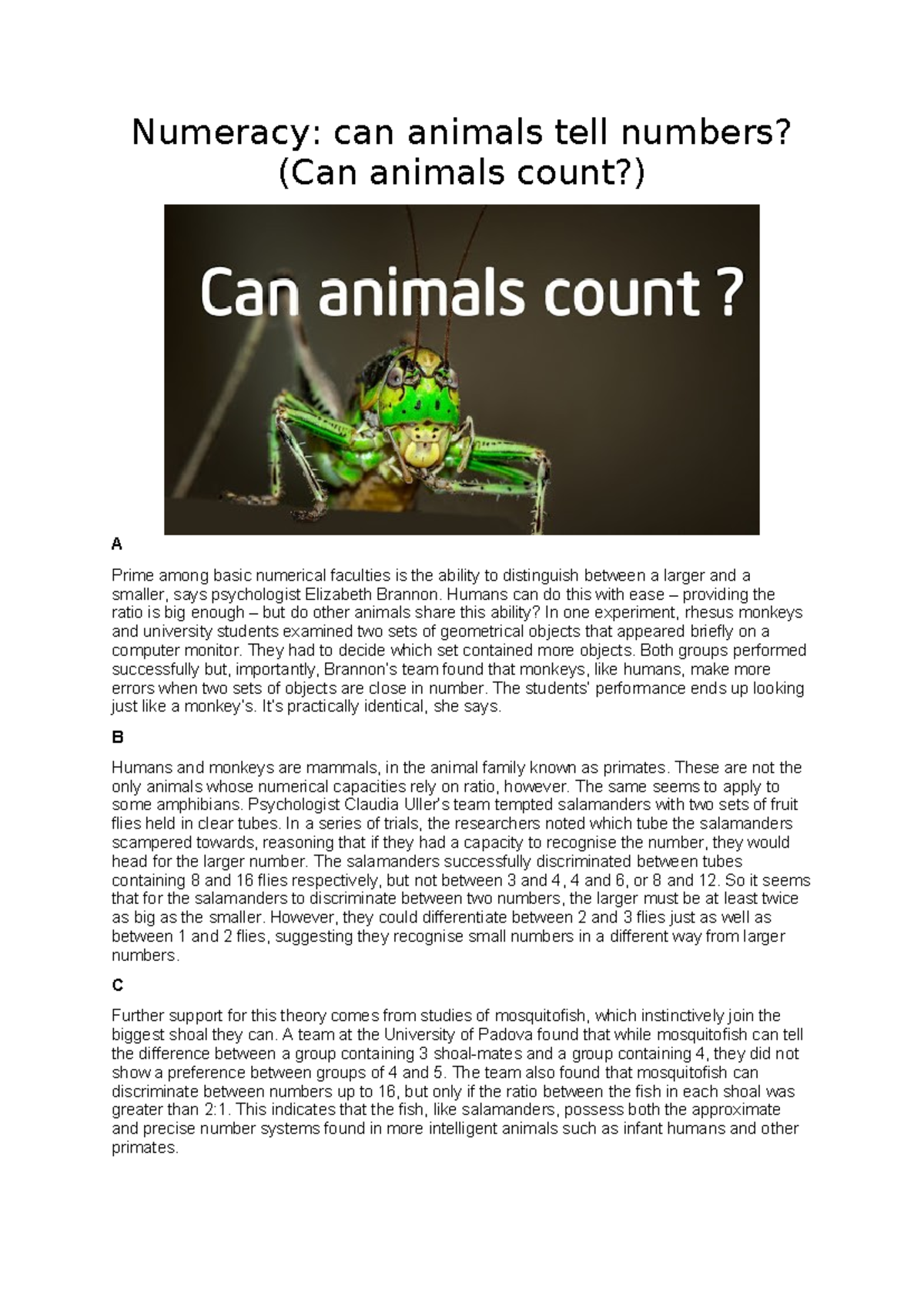 Numeracy in Animals: Insights from Psychology - IELTS 123 - Studocu