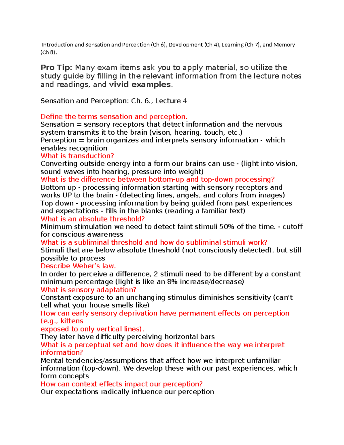Psychology Exam Study Guide: Sensation, Perception, Learning &amp; Memory ...