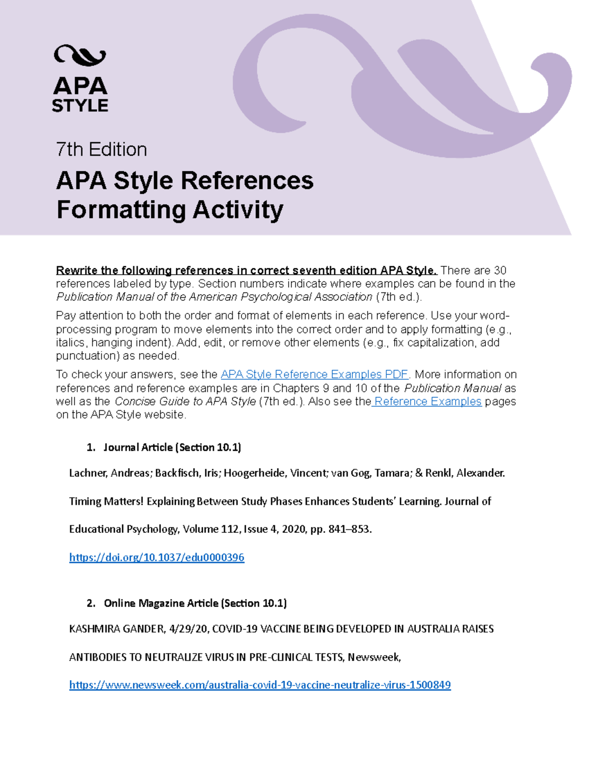APA 7th Ed. References Formatting Activity Guide - Studocu