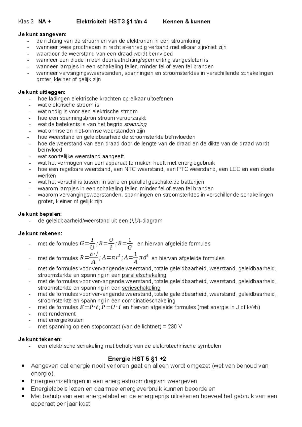 Klas 3 NA Elektriciteit HST 3: Kennen & Kunnen Samenvatting - Studeersnel