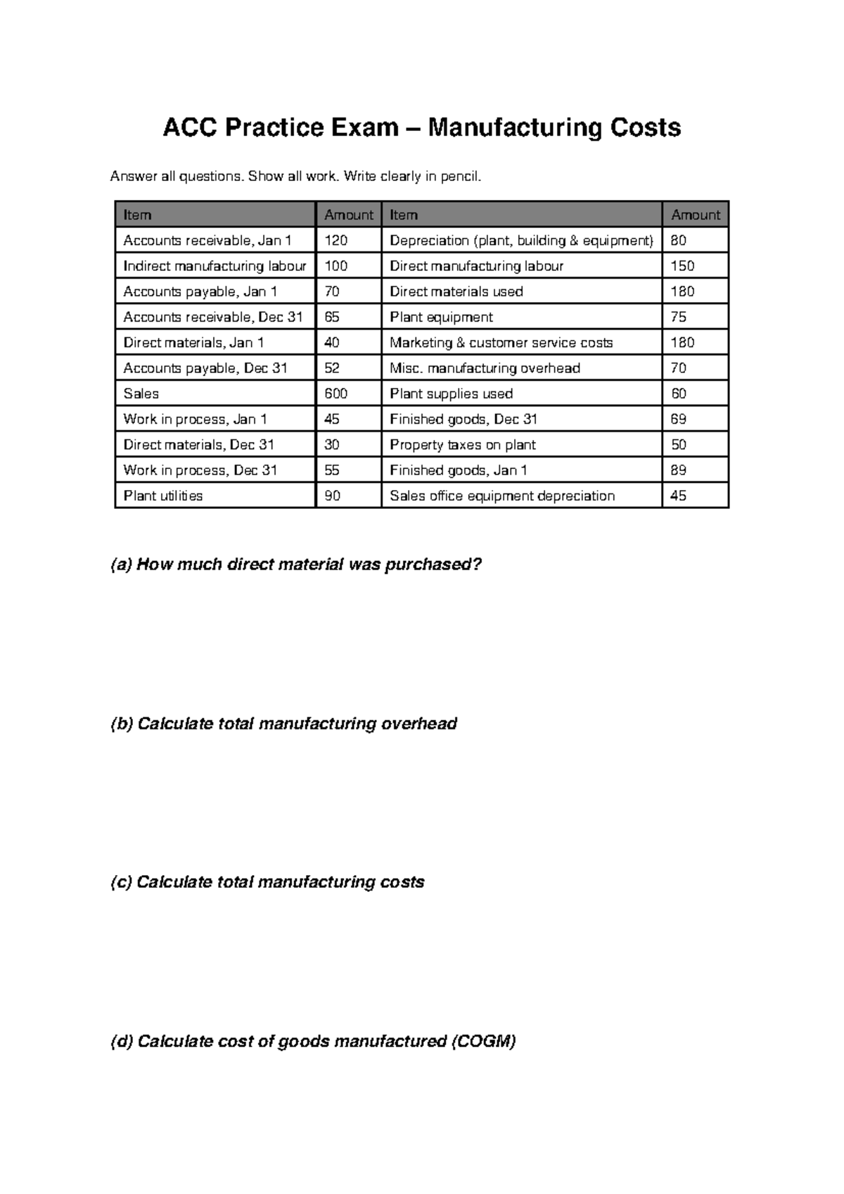 ACC Practice Exam: Manufacturing Costs Analysis and Solutions - Studocu