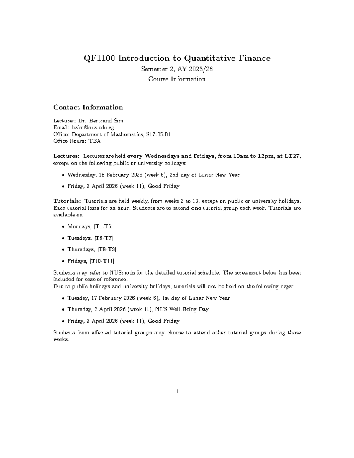 QF1100 Syllabus: Intro to Quantitative Finance 2022/23 Semester 1 - Studocu